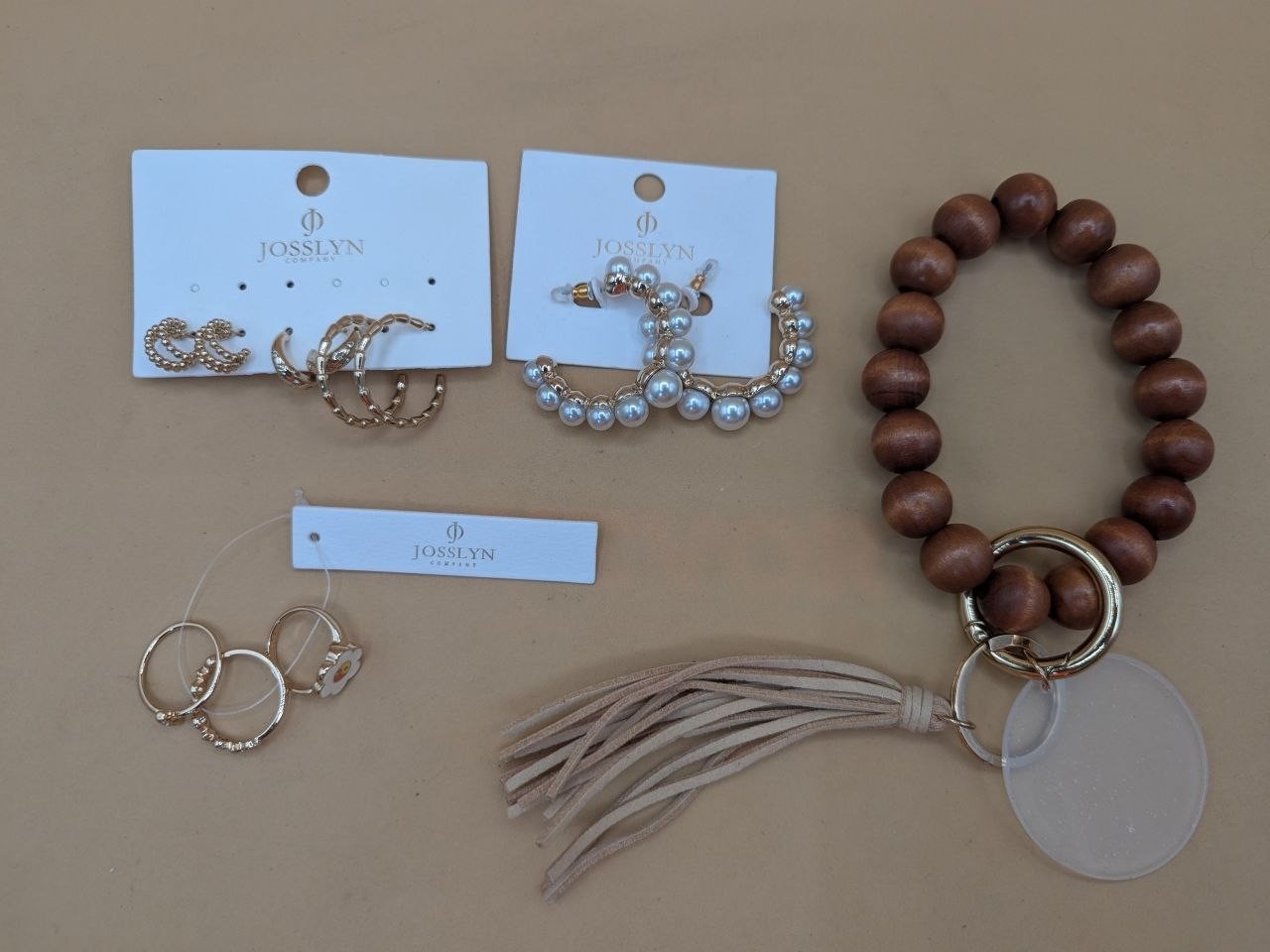 2020s Josslyn Costume Jewelry Earrings Lot Wood Bead Wristlet Keychain Tassel