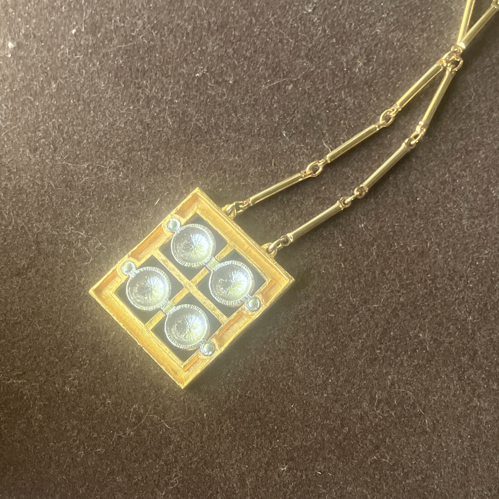 Amway vintage gold Tone Bar Link Chain Necklace Square Pendant