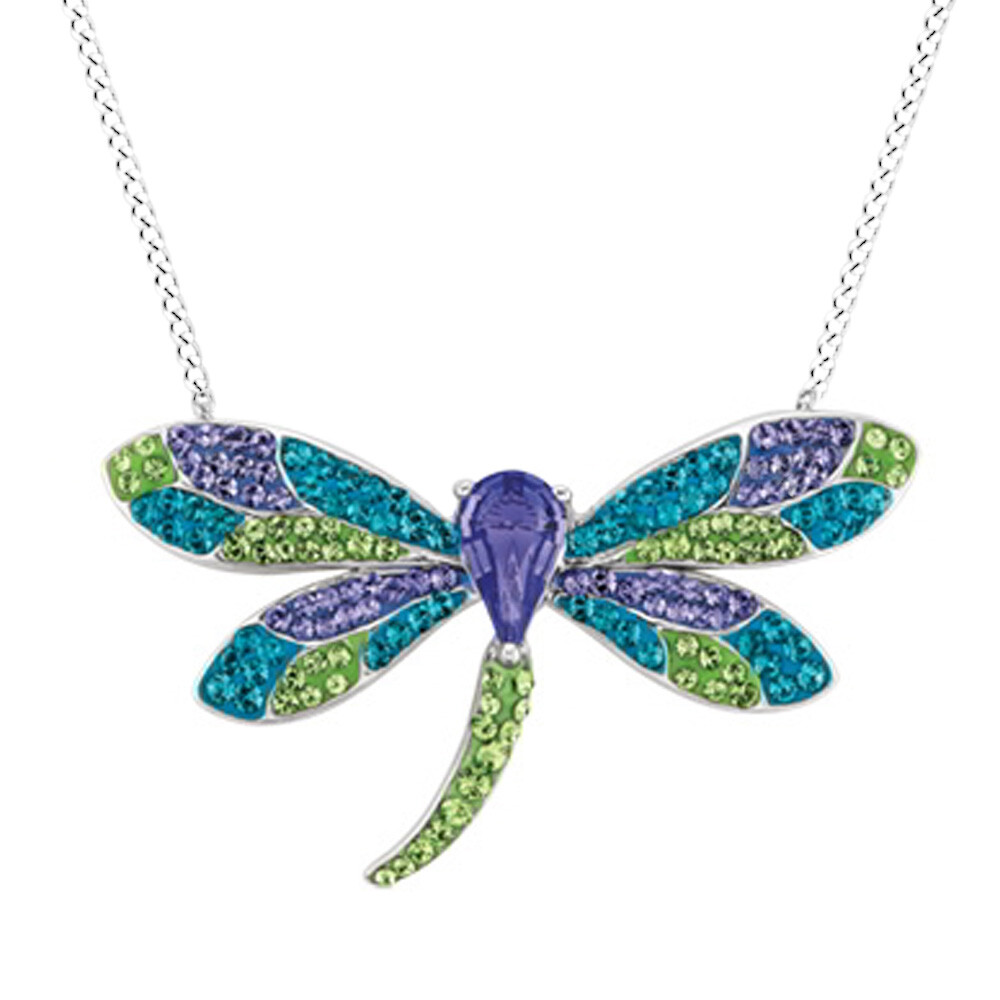 Dragonfly Necklace Multi-Color Crystal in 14K White Gold Plated 925 Sterling