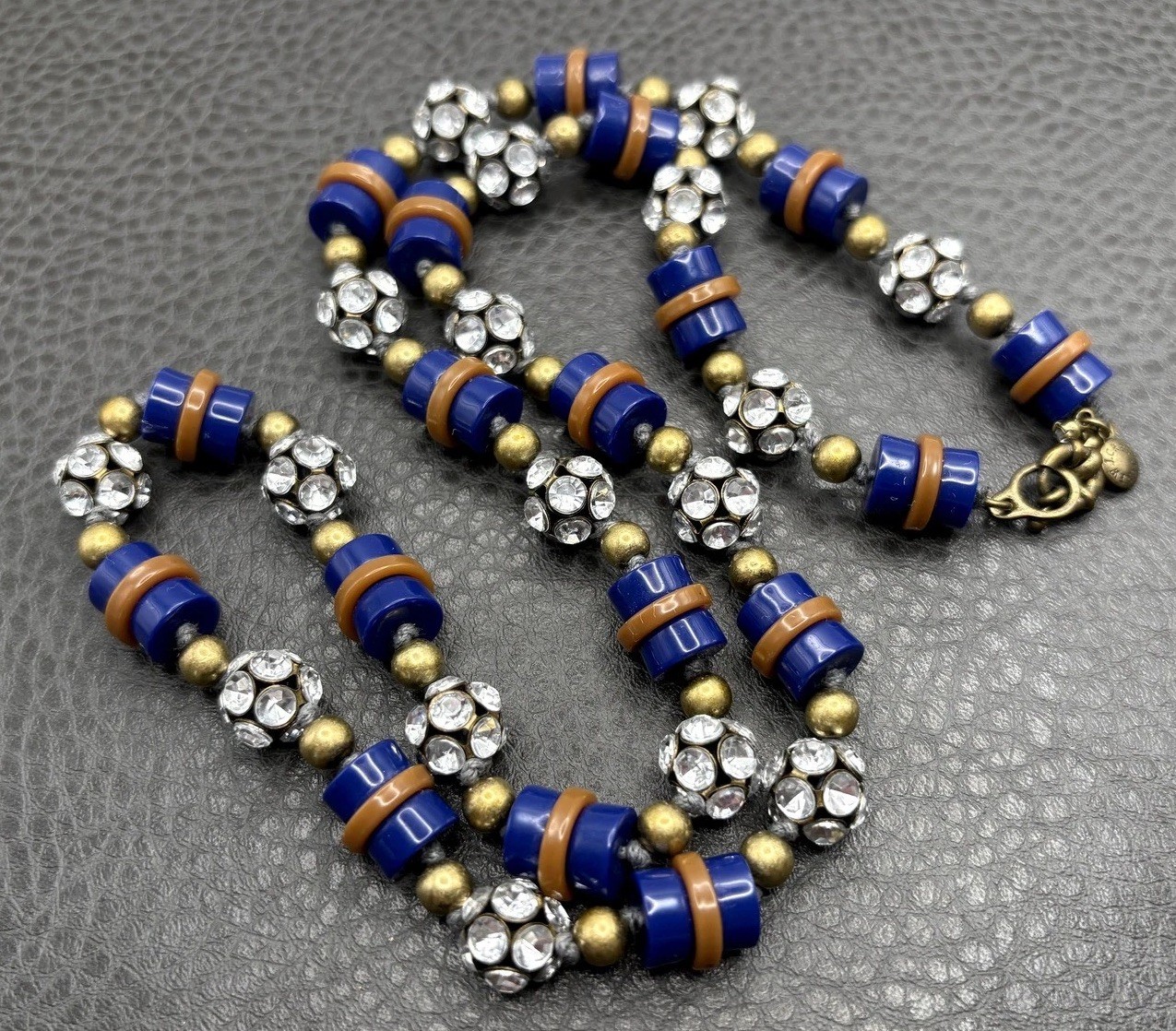 J. Crew Art Deco Style Blue Acrylic Chunky Bead Necklace Rhinestone Spacers 28″