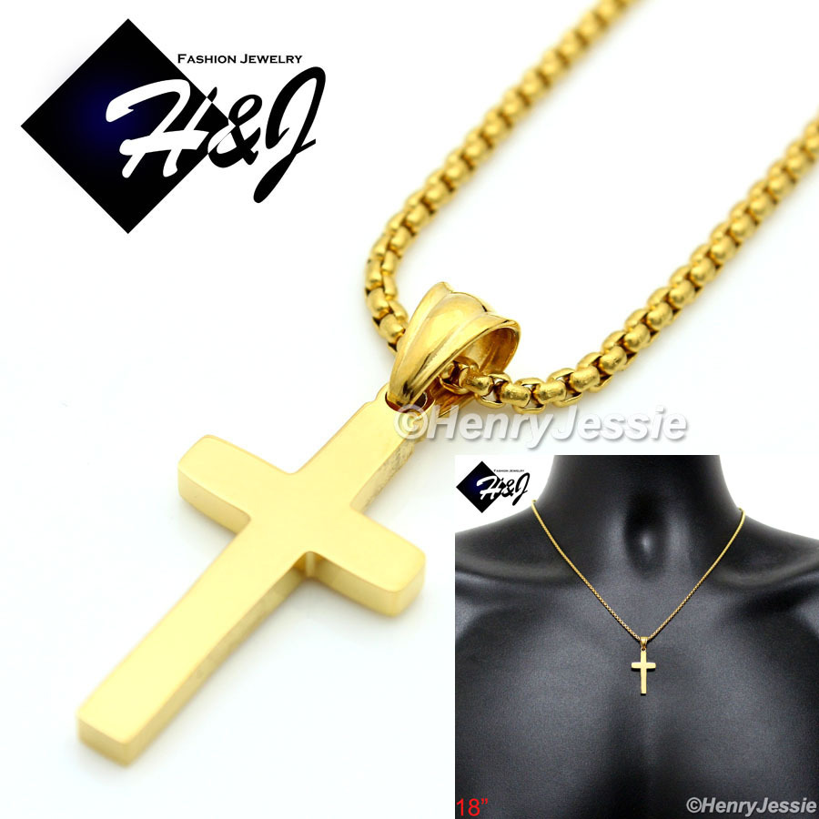 20″MEN Stainless Steel 1.5mm Gold Plated Box Link Chain Palin Cross Pendant*GP67
