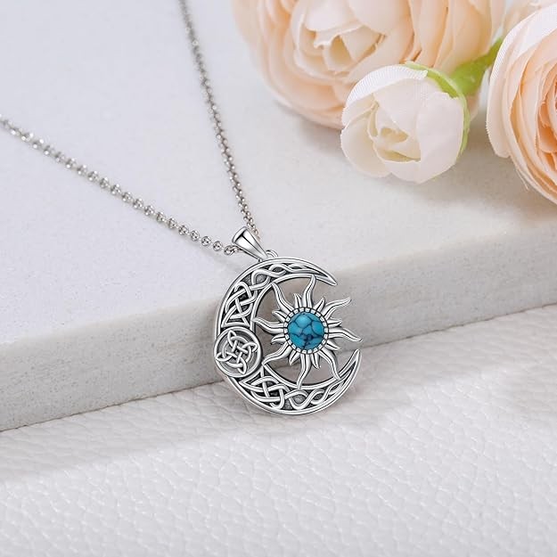 Witches Knot Necklace 925 Sterling Silver Turquoise Witch Pendant Sun and Moo…