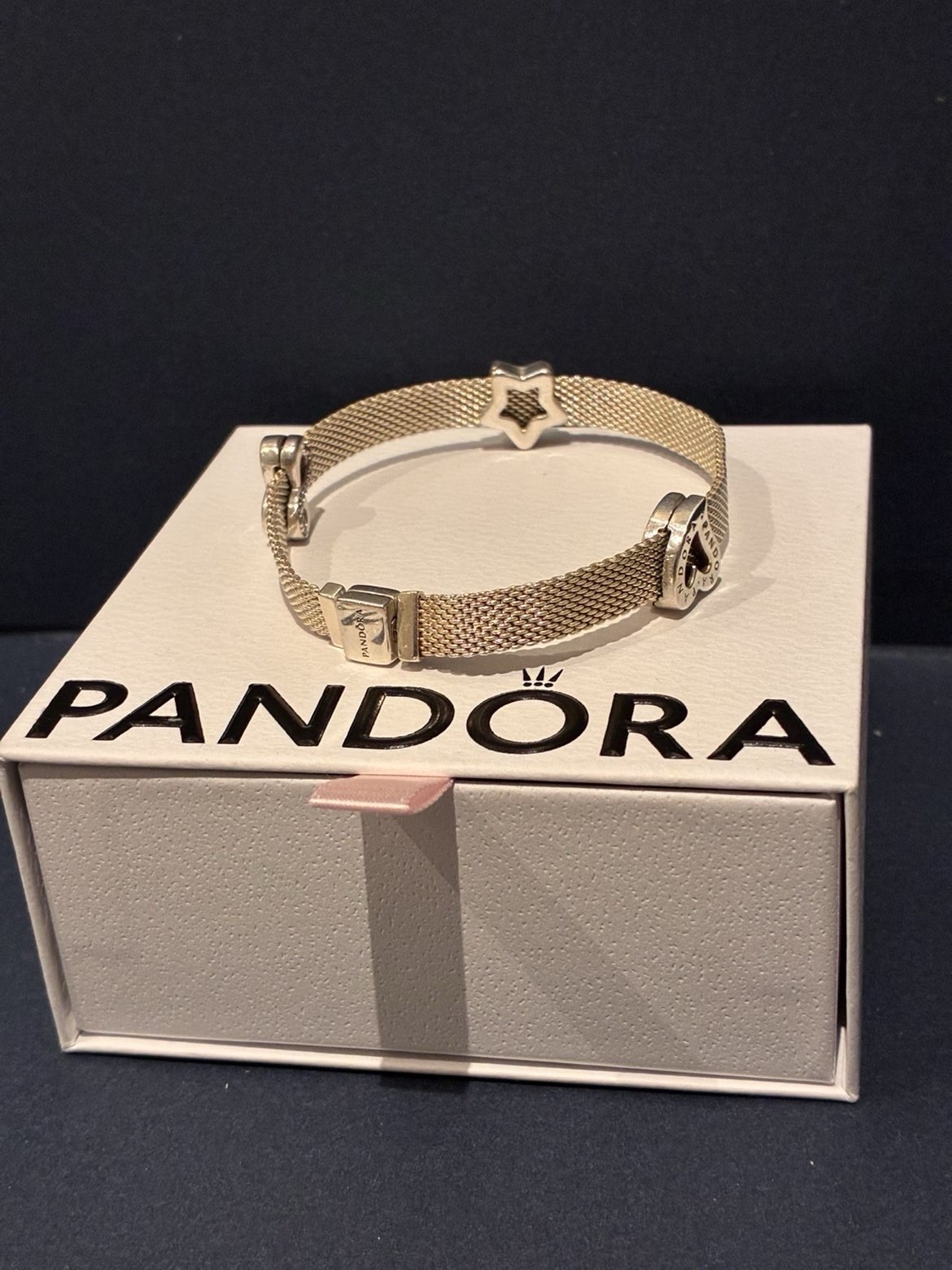 Authentic Pandora 925 Mesh Bracelet 18.5cm With 3 Charms Gift Ready