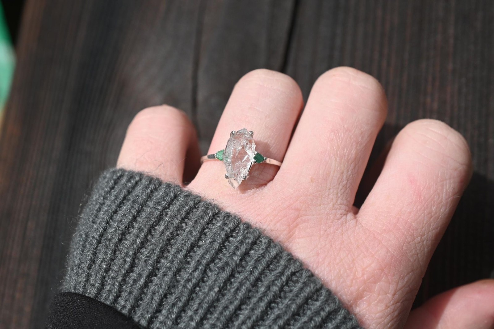 Engagement ring Emerald and Lake County diamond sterling silver size 3 4 5 6 7