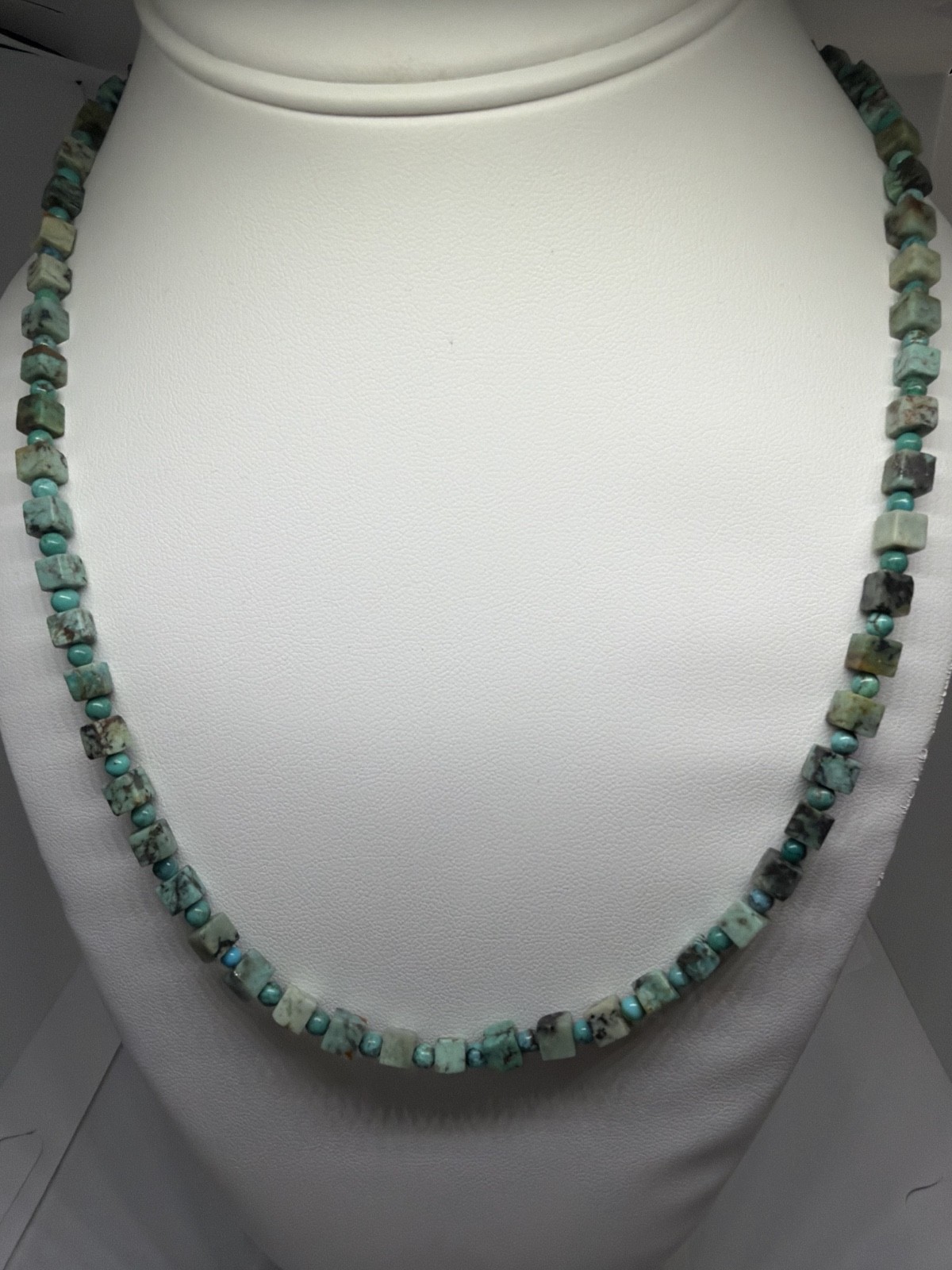Green and Blue Turquoise Beaded Necklace with Silver plated Clasp