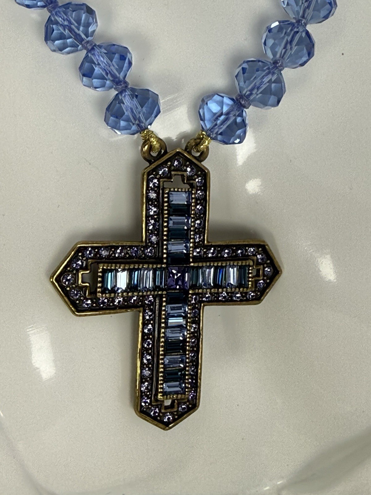 Heidi Daus Blue Purple Crystal Beaded Cross Pendant Necklace