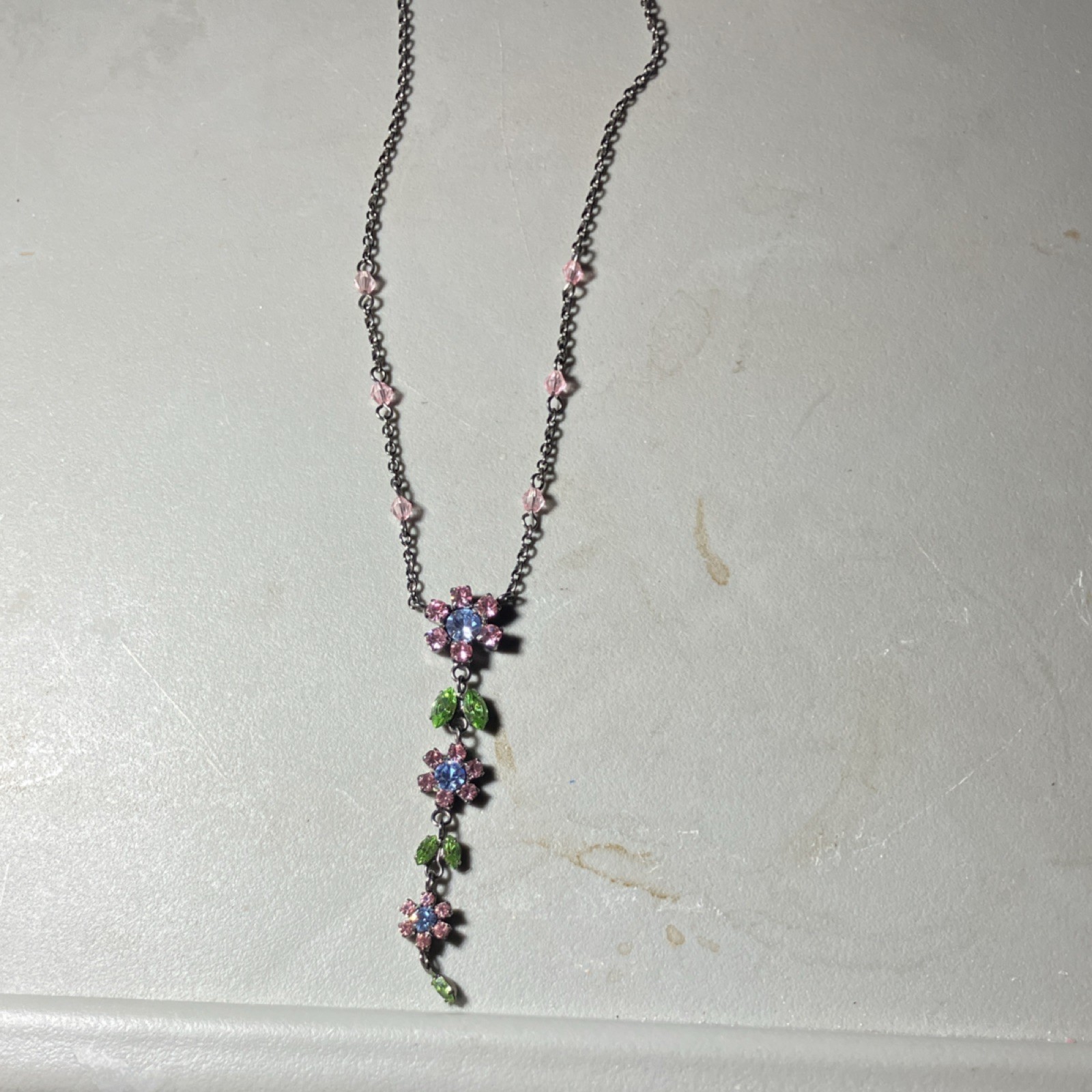 Silver Pink Blue Green Flower Pendant Necklace Cable Chain Lobster