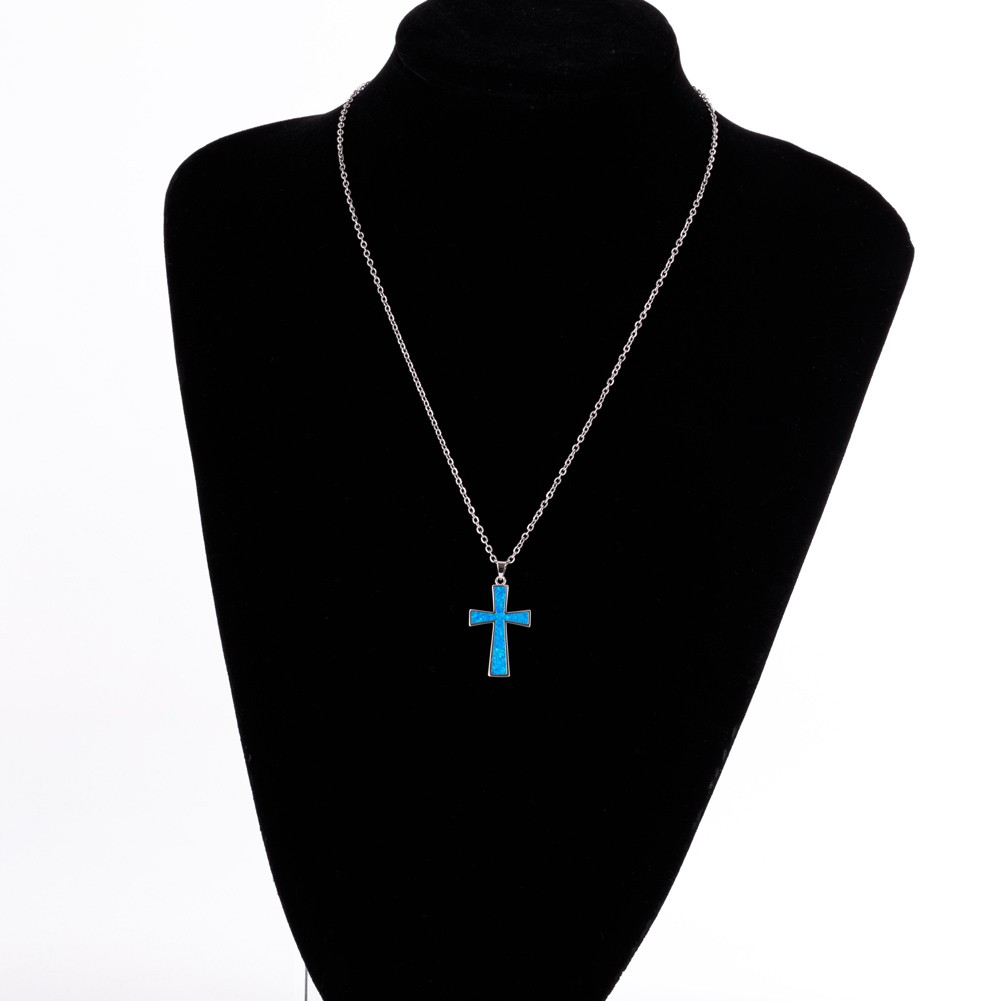 Classic Latin Cross Ocean Blue Fire Opal Silver Jewelry Necklace Pendant