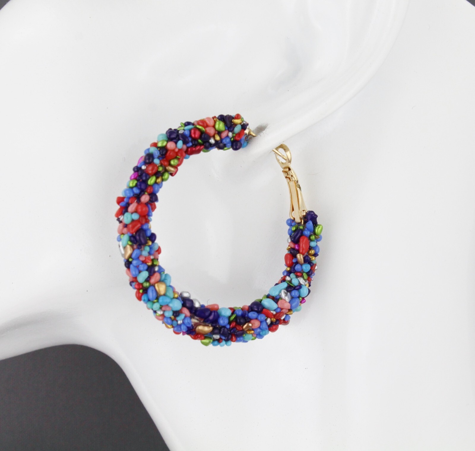 beaded hoop earrings textured hoops 1.75″ wide seed bead multi color rainbow