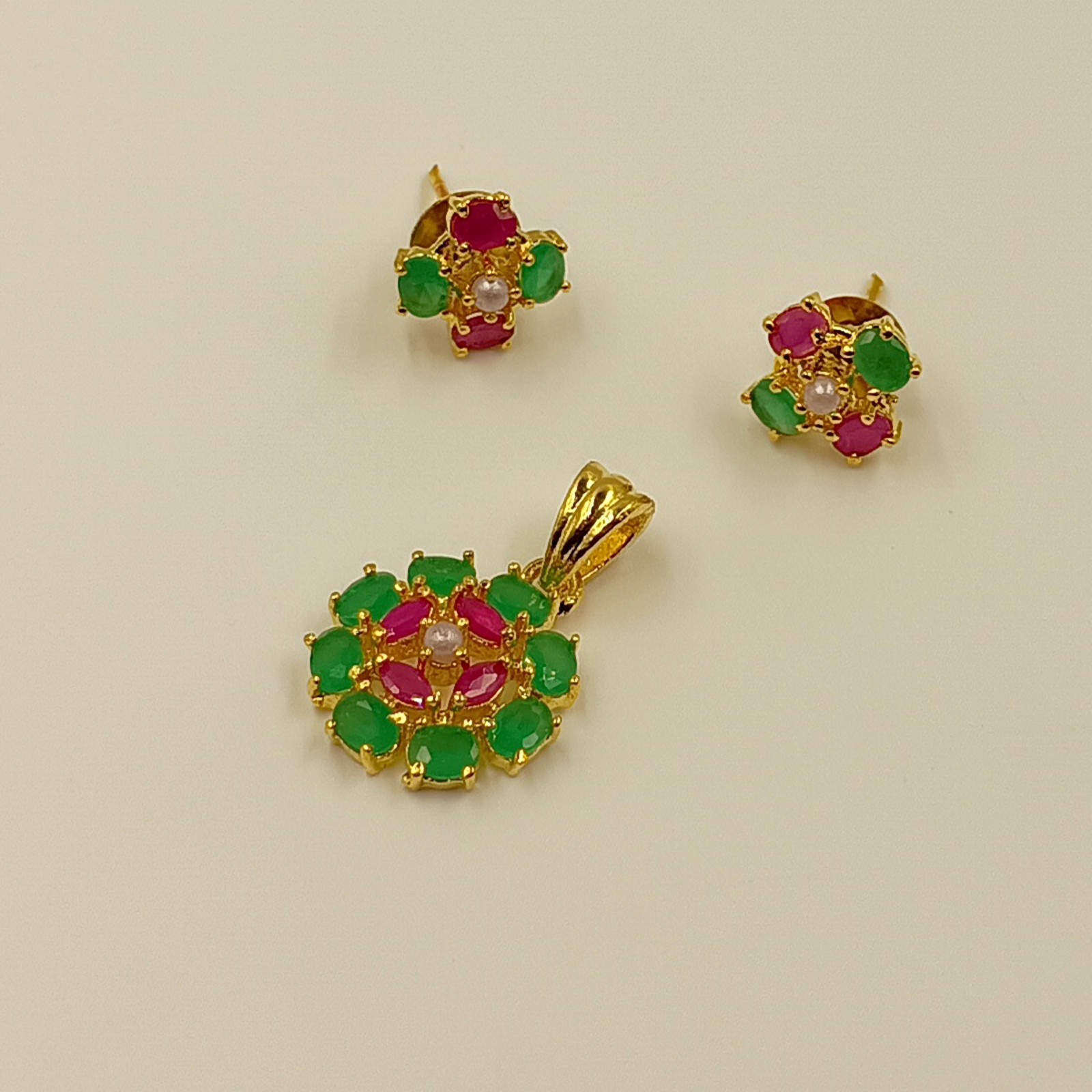 Ruby Emerald Pearl Pendant Set, 22k Gold Plated Traditional Indian Wedding Jewel