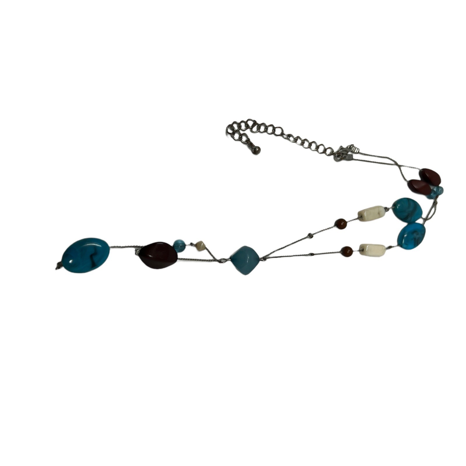 Silver Tone Necklace Teal Blue Tan Beads Lariat Choker
