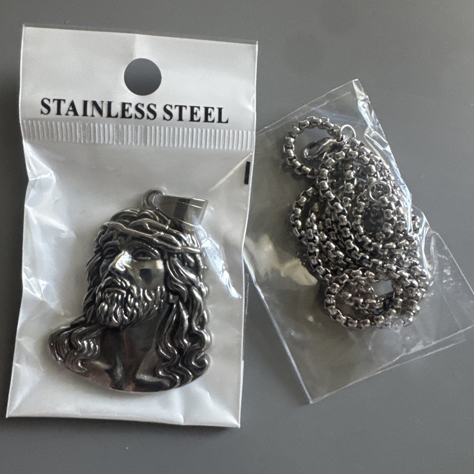 Silver Tone Jesus Head Pendant Prayer 24 Inch box Necklace Unisex Gift Catholic