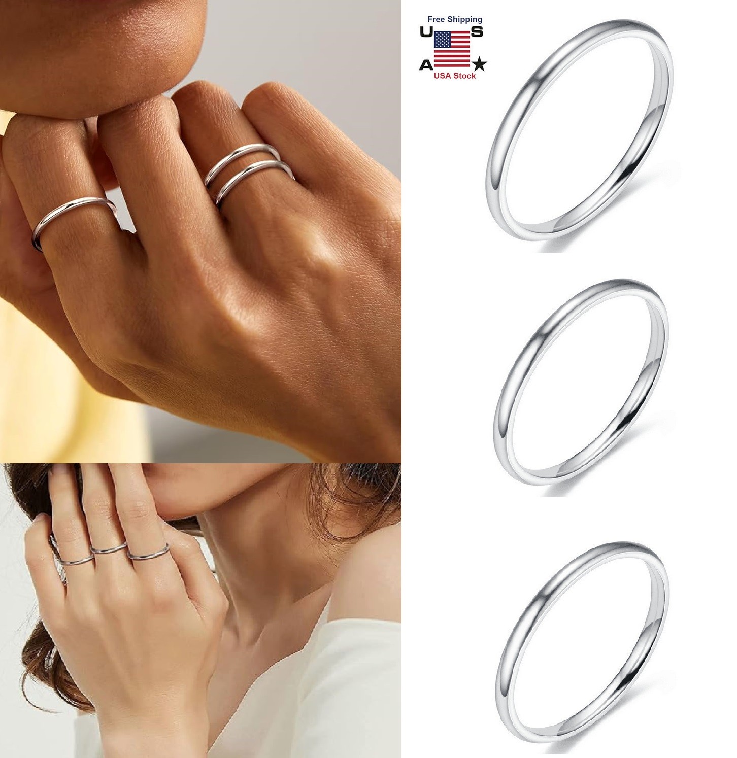 2mm Solid Stainless Steel Plain Thin Ring Silver Polished Band Gift Size 6 to 10