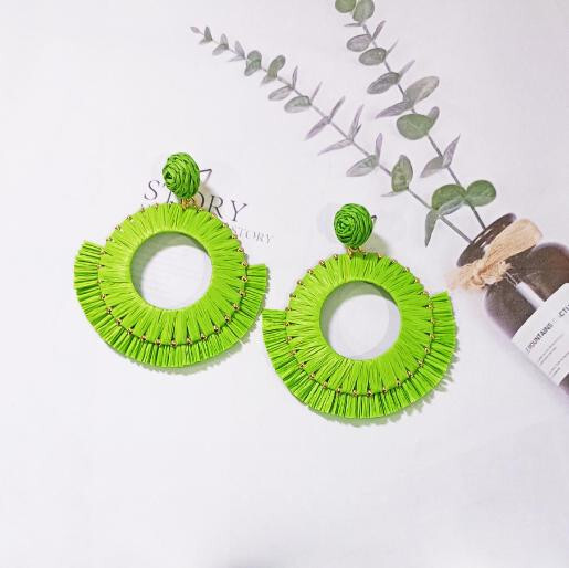 Special Round Dragon Fruit Color Lafite Grass Handmade Woven Stud Earrings
