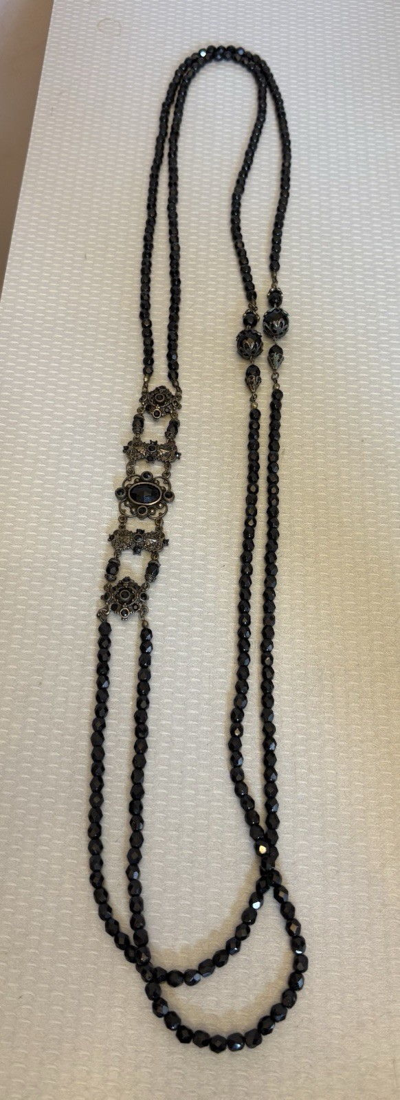 Vintage SWEET ROMANCE USA Victorian Revival Black Glass Bead Brass Necklace 42”
