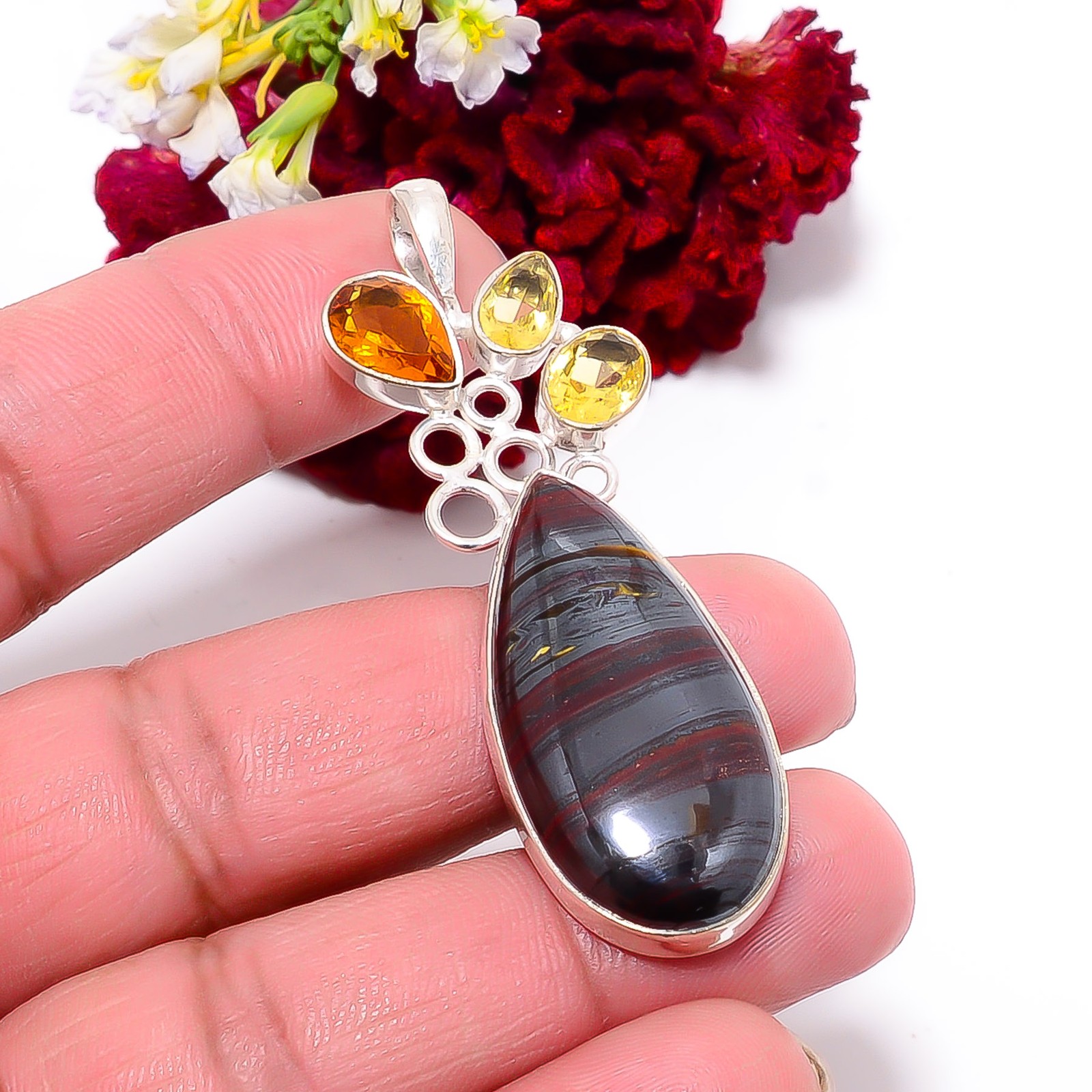 Iron Tiger Eye – South Africa & Citrine 925 Sterling Silver Pendant 2.34″ P11