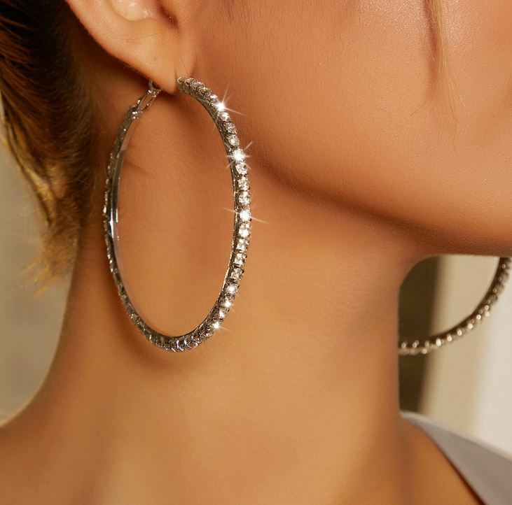1 Pair Silver Clip On Rhinestone Hoop Earrings Extra Large 2 1/2″ Or 65 MM