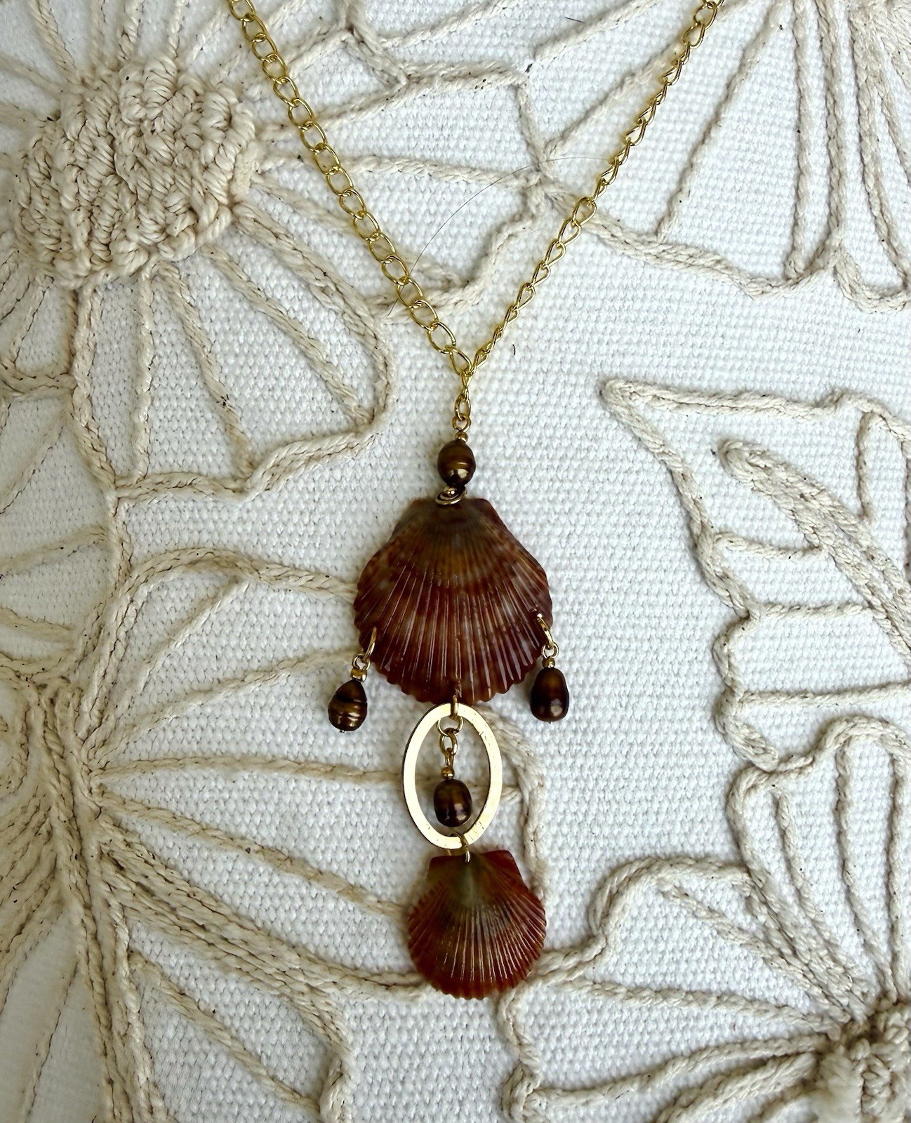 Gold Tone Cable Chain Necklace w/ Natural Brown Asymmetrical Shell Pendant Beach