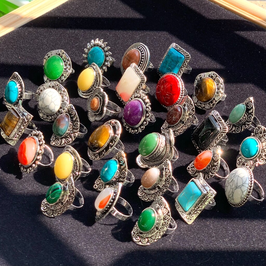 Wholesale 12pcs Big Natural Stone Vintage Rings Women Mix Antique Silver Jewelry