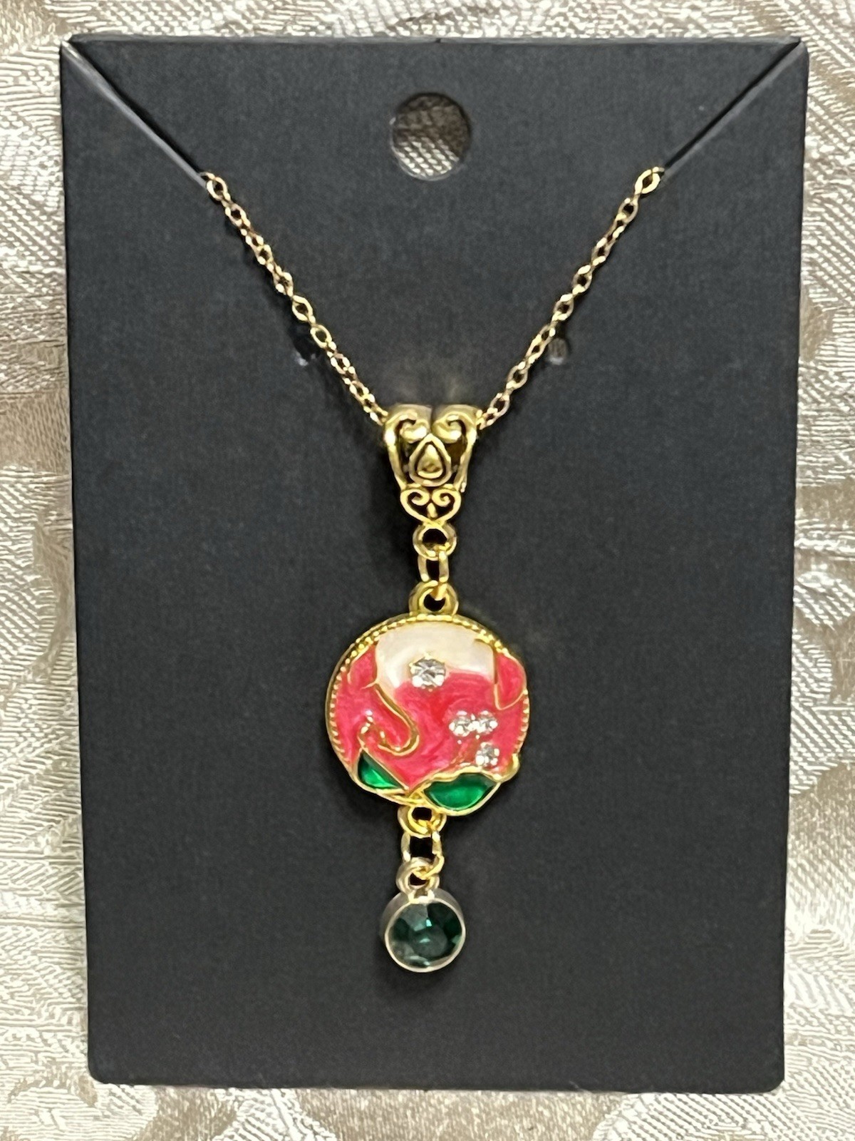 Retro Floral Gem Enamel Pendant Gold 18” Necklace Bohemian Floral Novelty