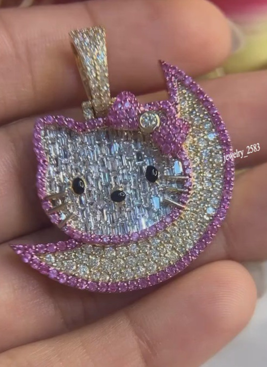 Latest New Year Gift Womens Lab Created Pink Sapphire Kitty Moon Pendant 925 SS