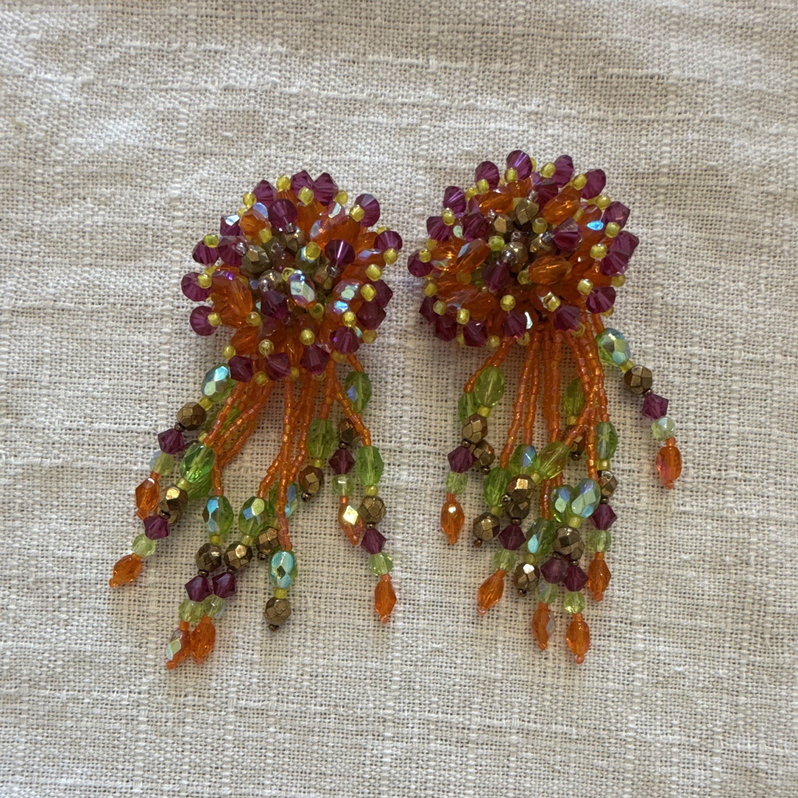 Lot of 2 Vintage Statement Clip-On Dangle Beaded Earrings Multicolor Good Cond