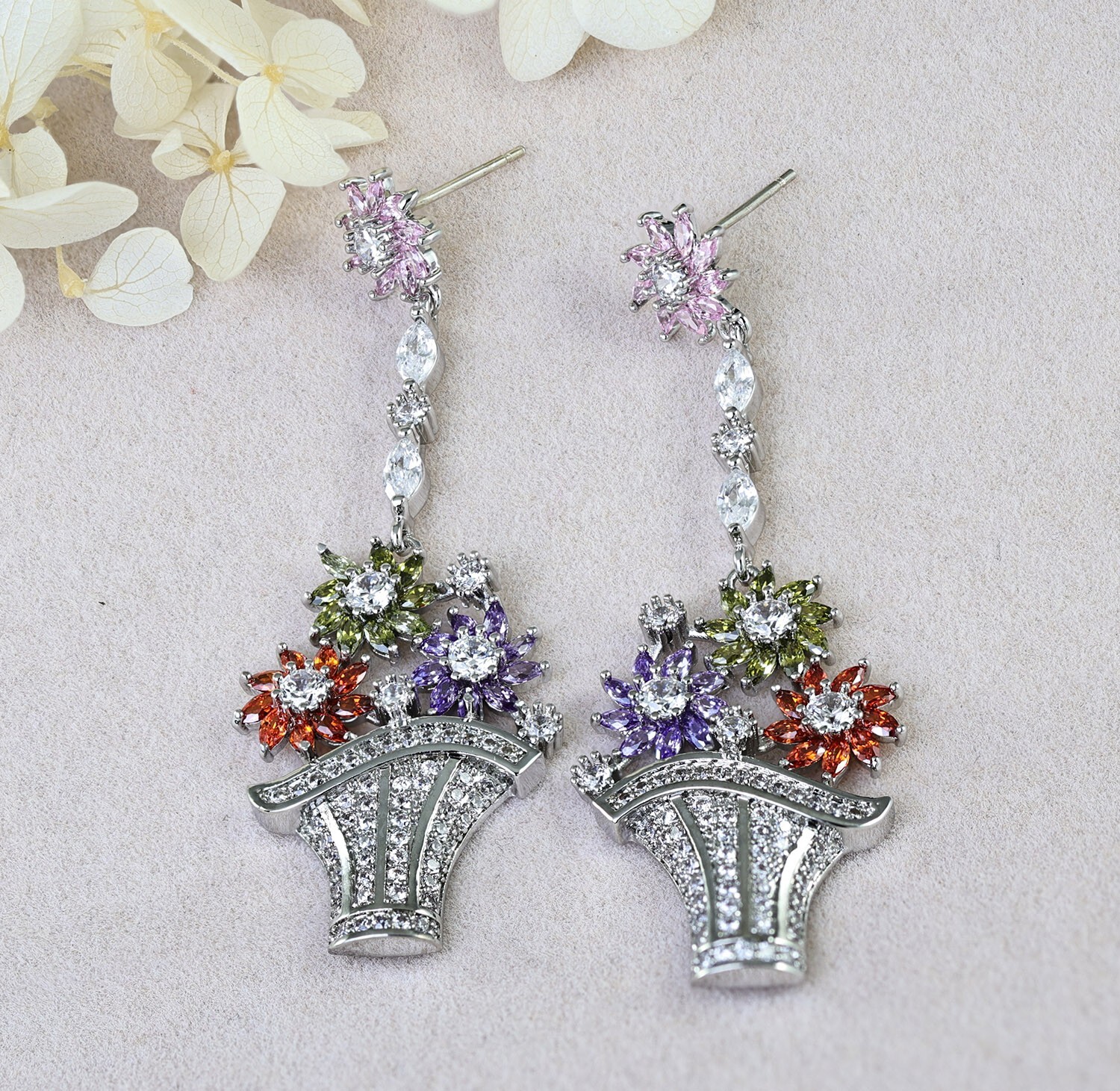 Flower Basket Multi-color CZ Cubic Zirconia Dangle Chandelier Stud Earrings N117