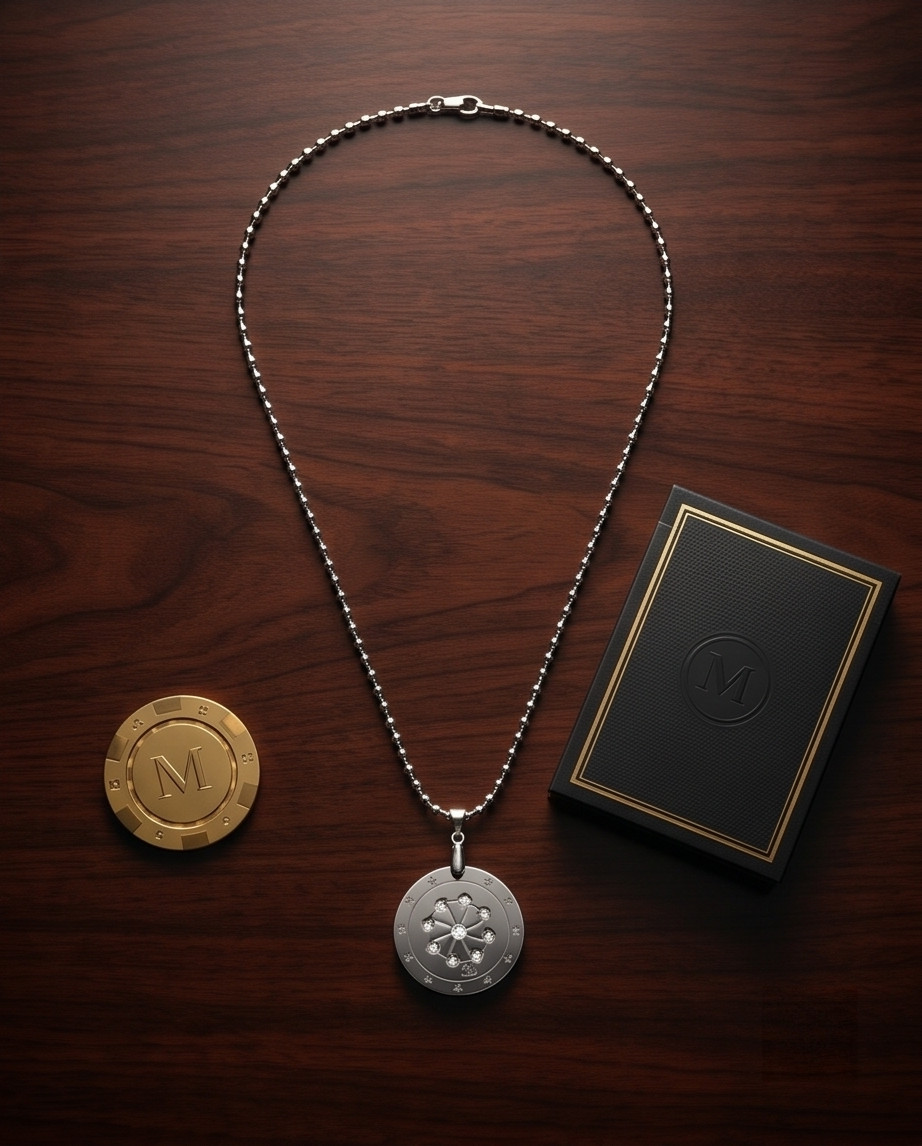 Crystal Atom Steel Pendant 26″ Chain + 3 FREE Hematite Bracelets Casino Gift