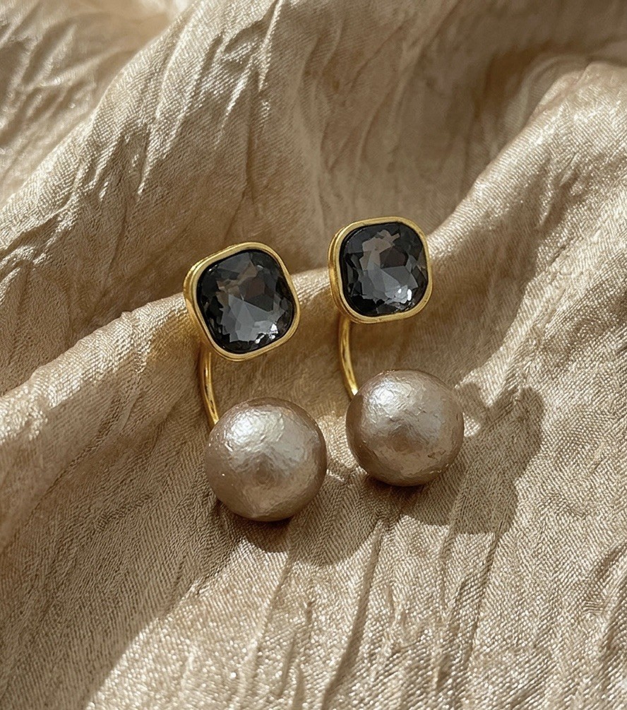 Anthropologie Art Deco Smoky Crystal Pearl Earrings Front Back CZ VTG Boho Retro