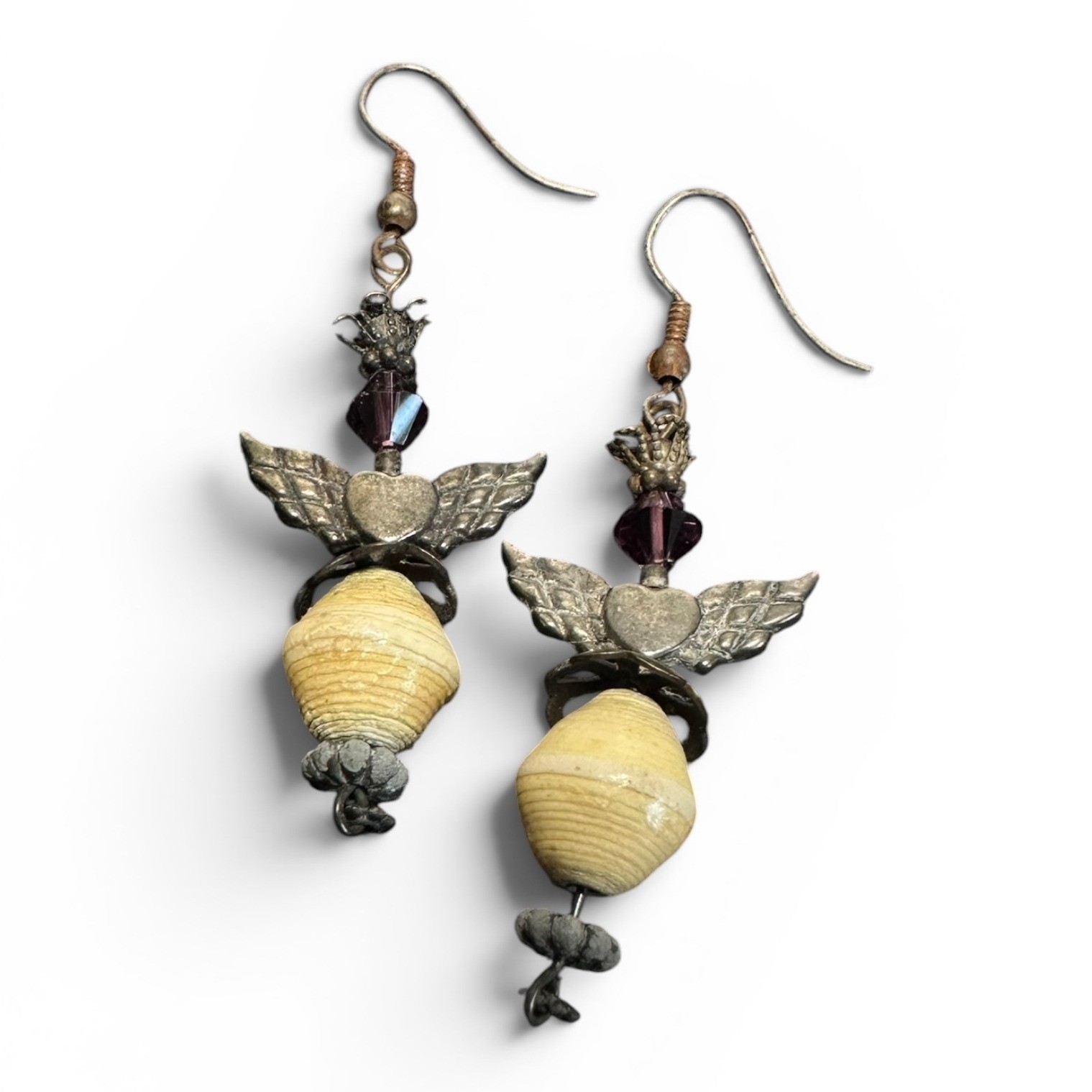 Angel Drop Earrings Cream Antiqued Silver Tone Purple Whimsigoth