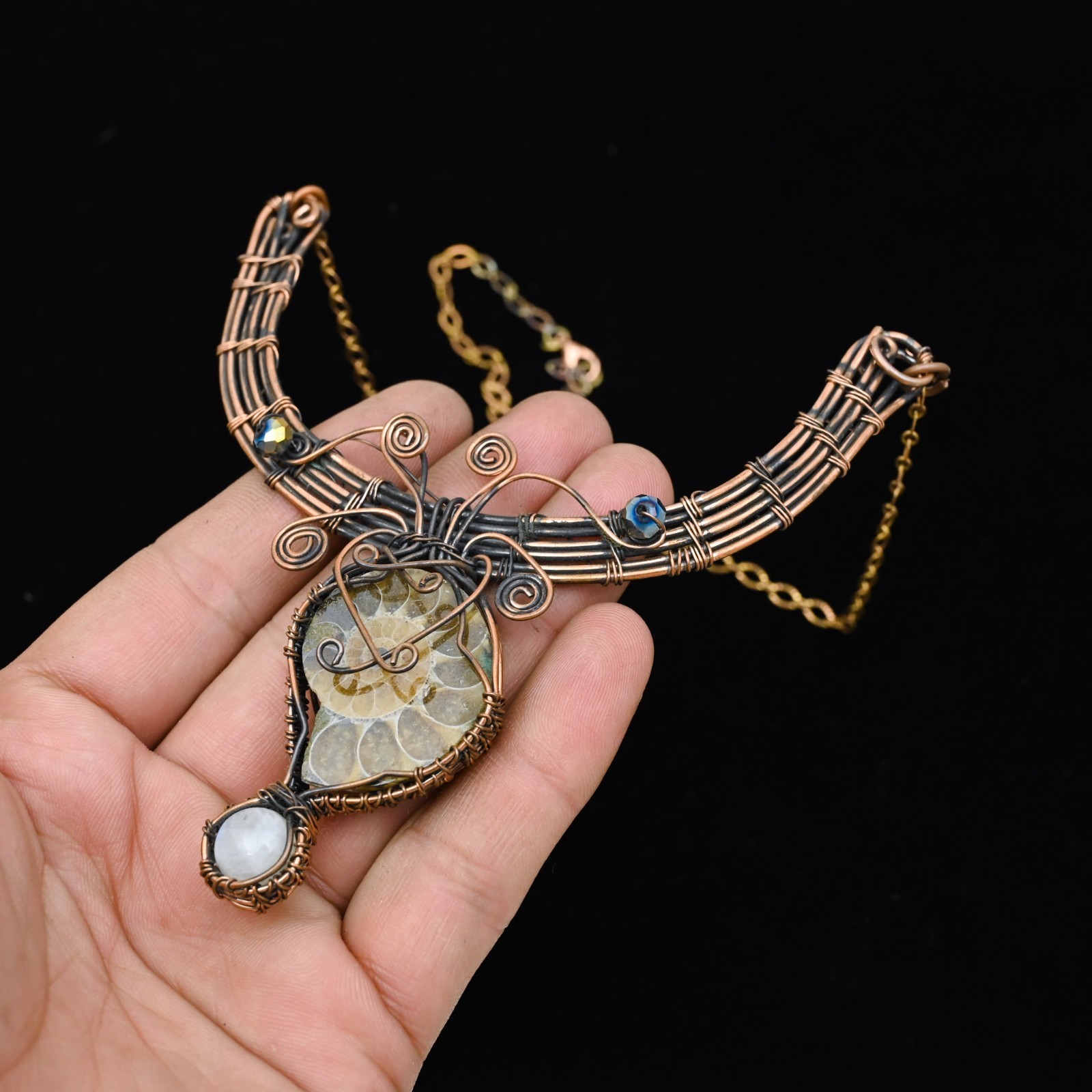 Copper Wire Wrapped Ammonite Pendant Necklace Artisan Handcrafted Necklace
