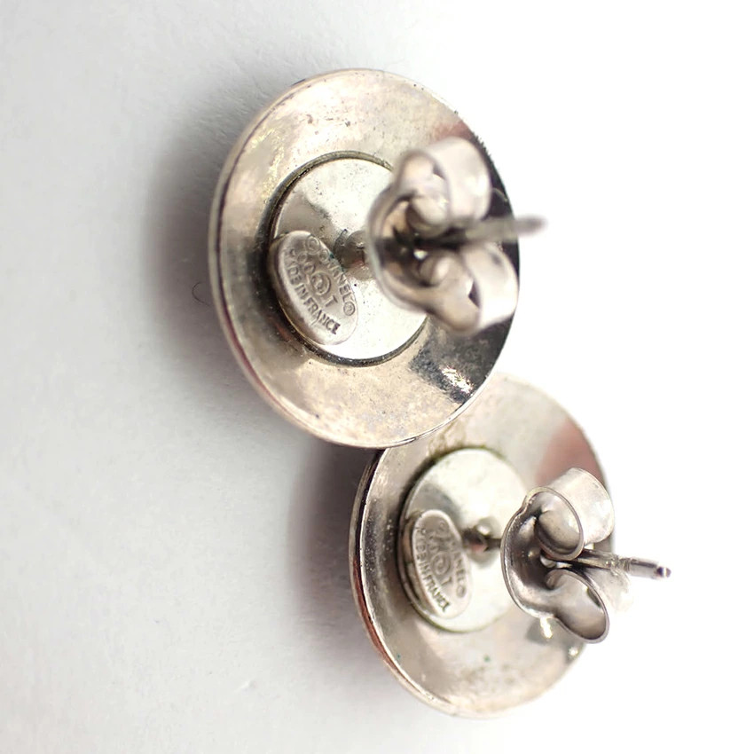 CHANEL Round Button Studs Earrings Black & Silver Metal CC Logo 00T Authentic