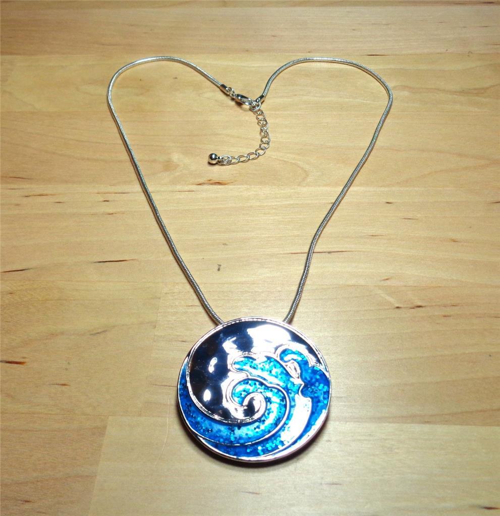 BEACH FASHION AQUA BLUE OCEAN WAVE SILVER TONE RHODIUM PENDANT NECKLACE