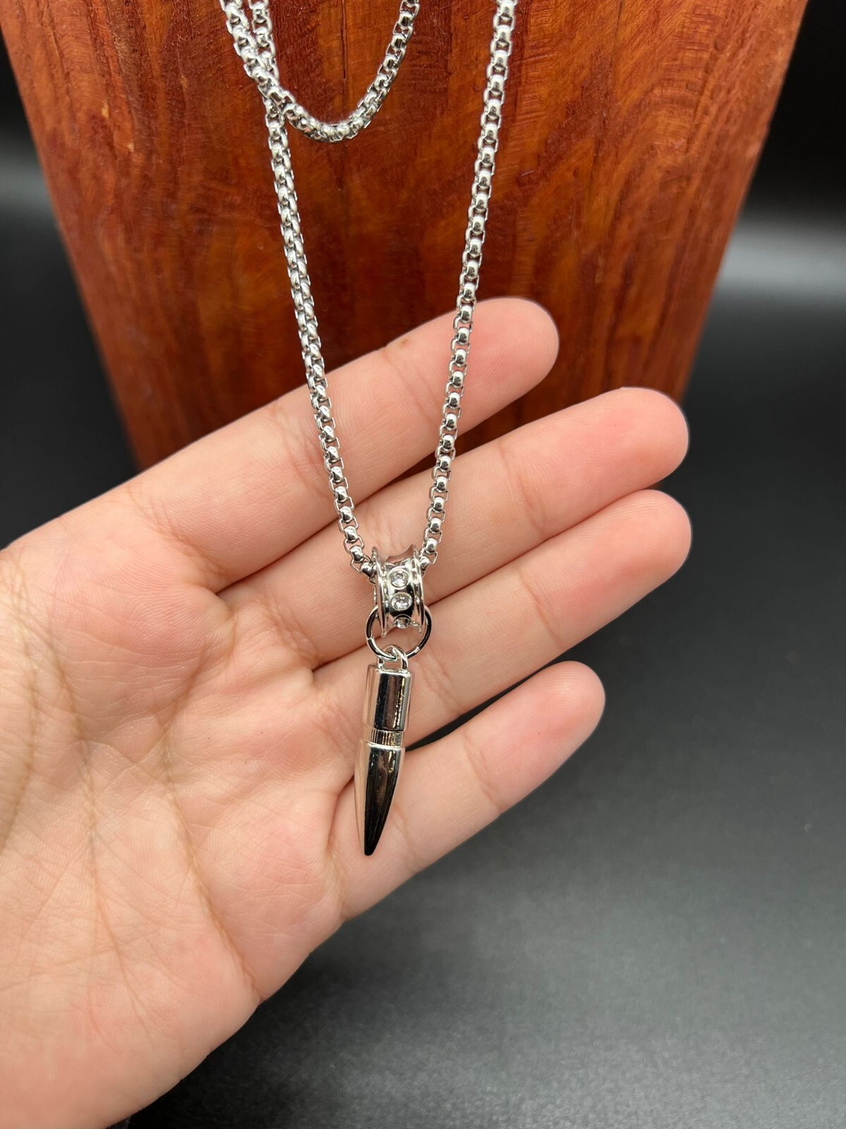 Stainless Steel Bullet Pendant Necklace 28” With Artificial Gemstone Inlay