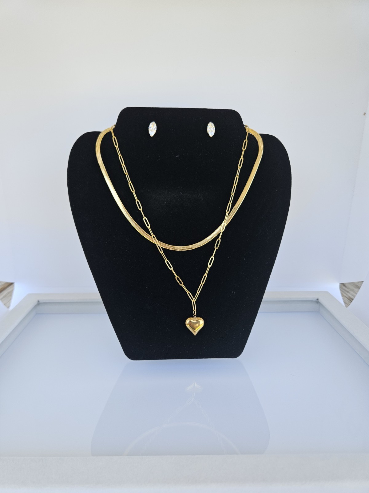 18K Gold Plated Stainless Steel Layered Heart Necklace & 3-Pair Earring Stud Set
