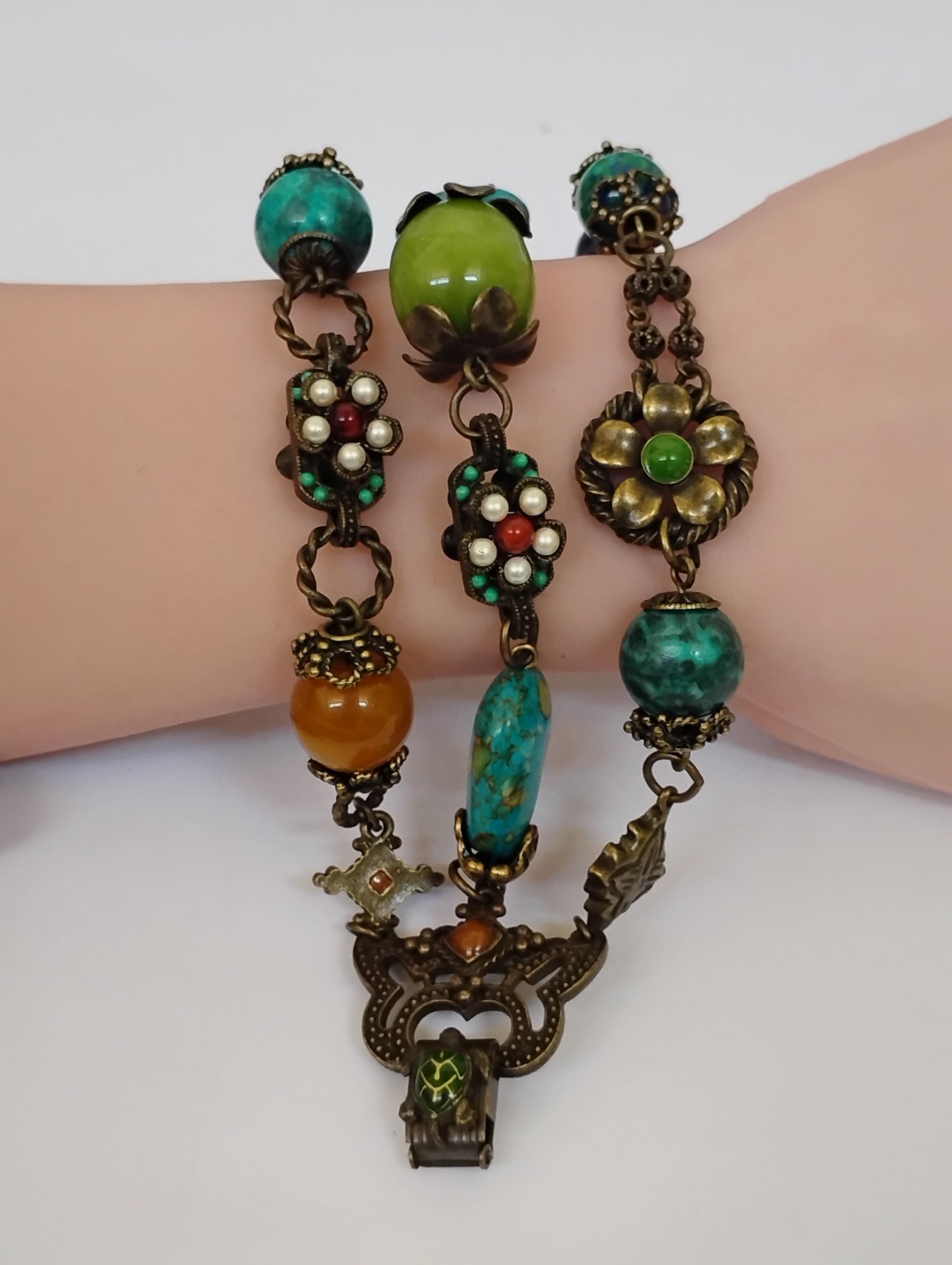 Sweet Romance USA Boho Multi Simulated Stone 3 Strand Floral Bracelet Pristine