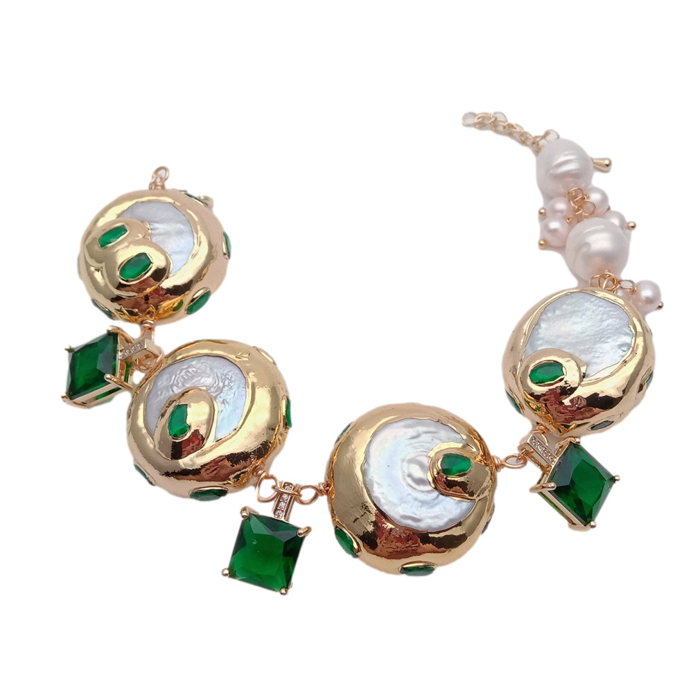 White Cultured Keshi Coin Pearl Green Cz Square Charm Bracelet Fashion Jewelry