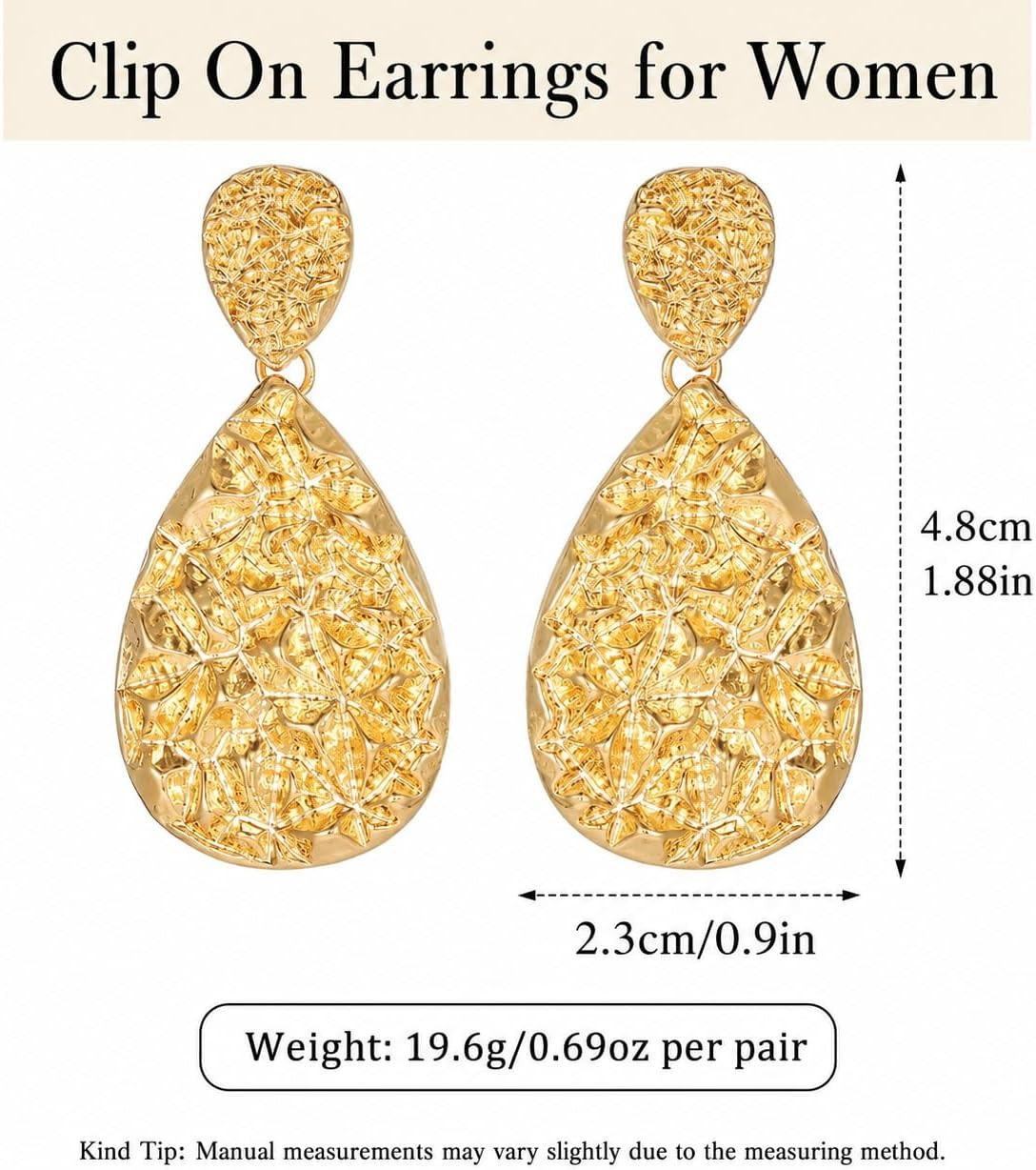 Teardrop Clip on Earrings for Women, Chunky Statement Geometric Textured Earring