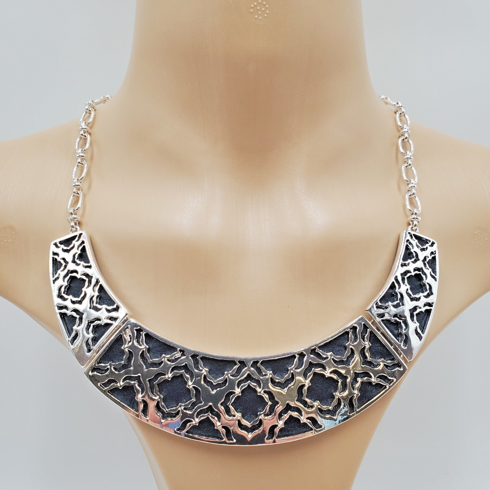 St Thomas Collar Bib Necklace 16in Blue Leather Backed Silver Tone Cut Out NWT