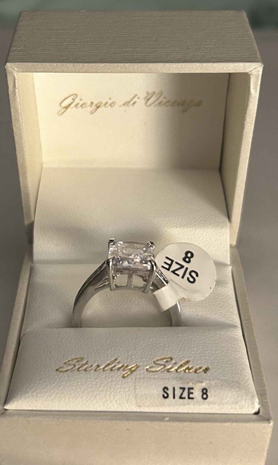 Giorgio di Vicenza Size 8 Sterling Silver Radiant Cut Ring NIB Gift, CZ 925
