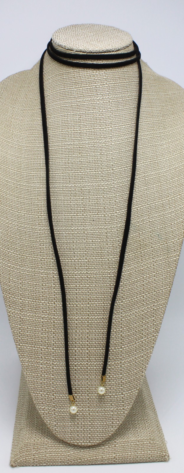 New Long Black Faux Suede & Pearl Choker Necklace #N2043