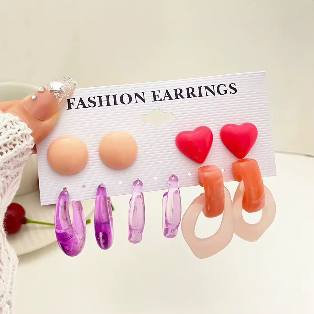 Multicolor Plastic Heart Earrings Set – Stud Hoop Dangle/Drop Styles, No Stone