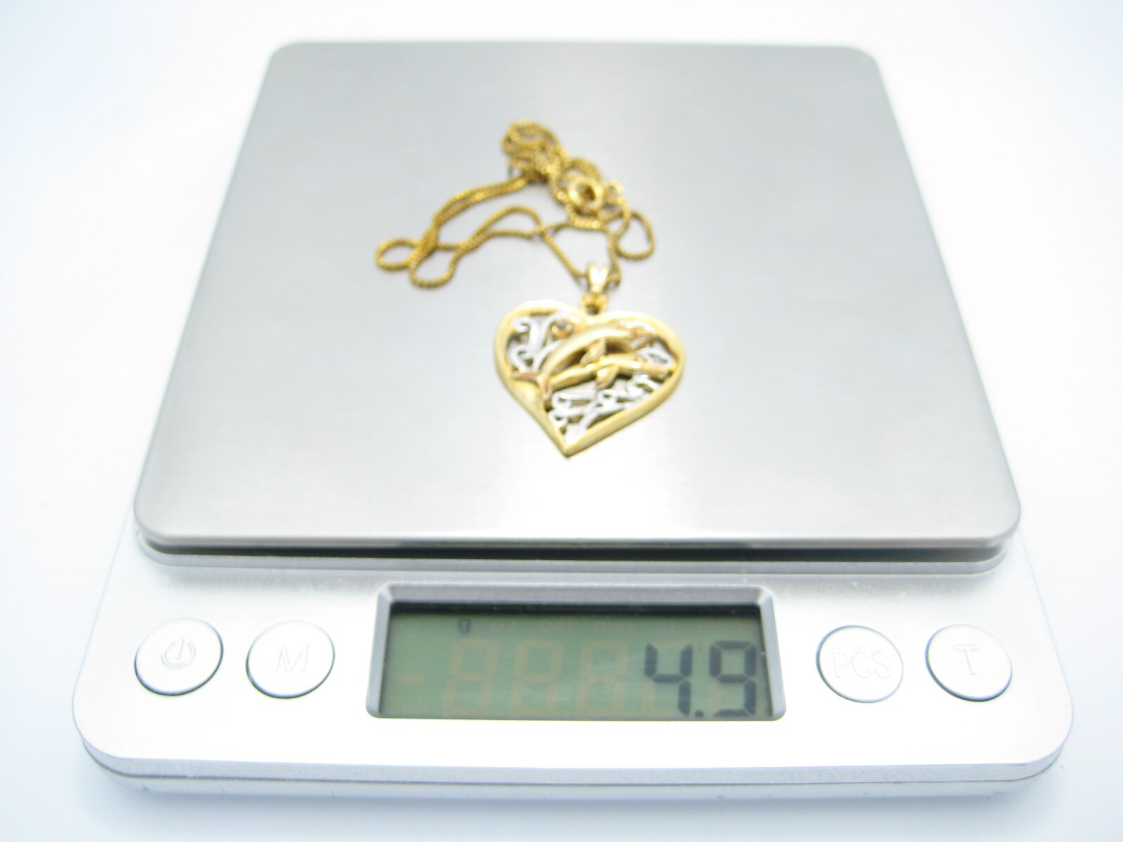 BSI Sterling Silver Gold Tone Dolphins Heart Pendant Chain Link Necklace 16″