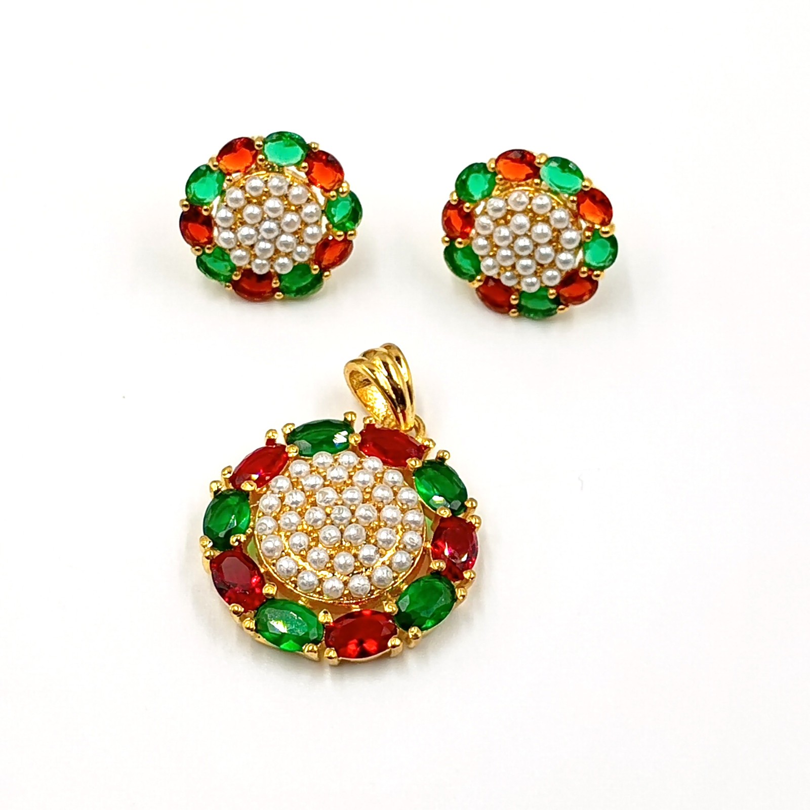Ruby Emerald Pearl Pendant Studs 22k Gold Plated South Indian Wedding Bridal