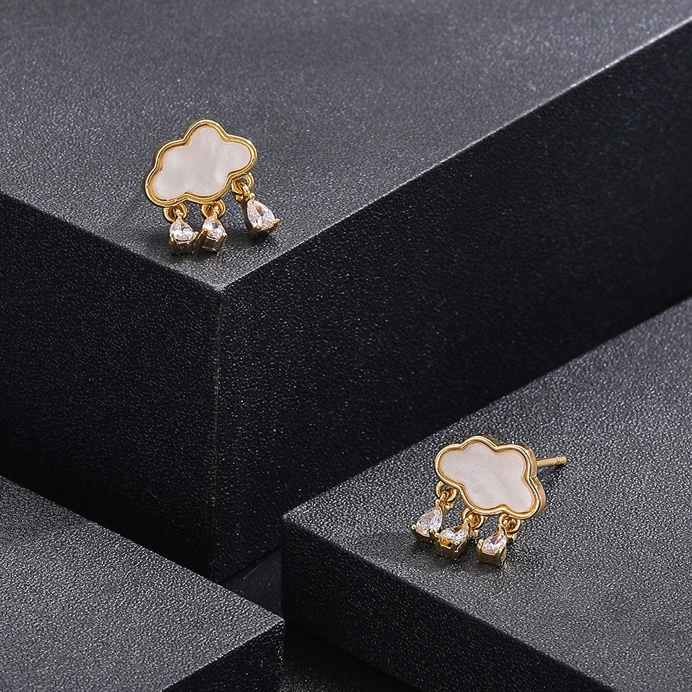 Gold Tone Cloud Drop Earrings with White Enamel and Teardrop CZ Rain Dangle Stud