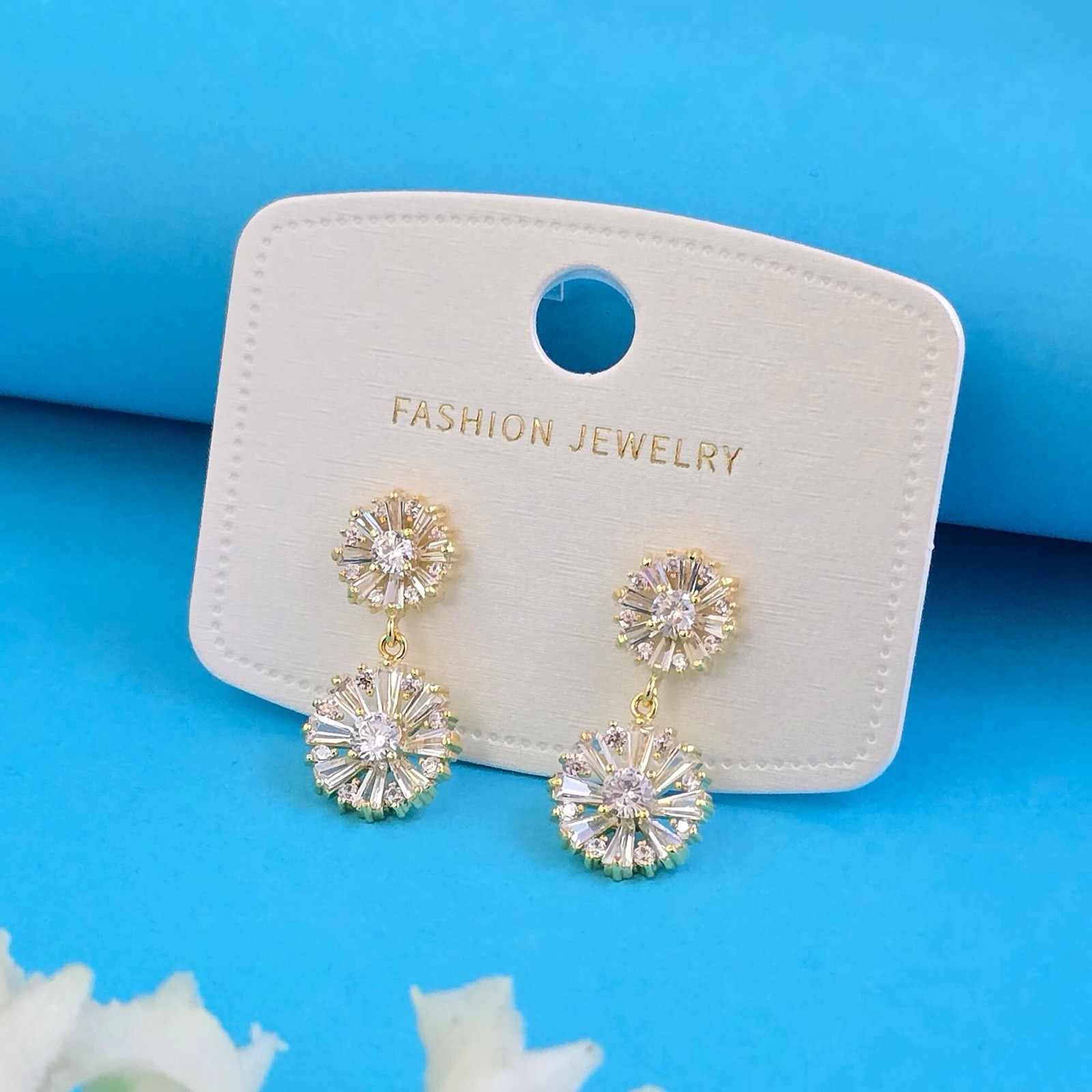 Premium Quality Gold Plated Zirconia Stone & Pearl Earrings 2.3Cm Long
