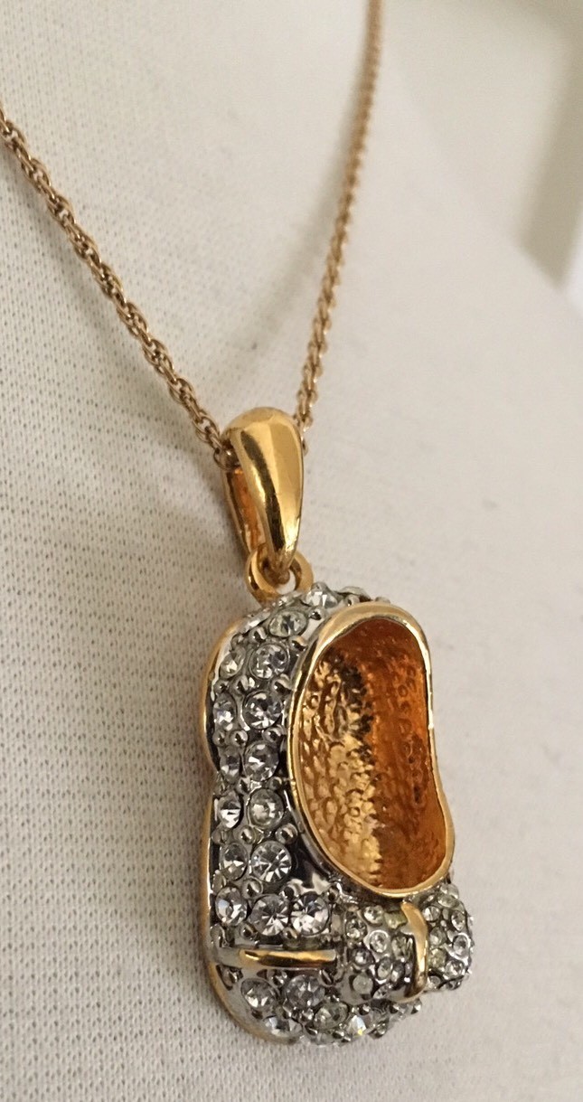 Girl Baby Shoe Gold Plated Clear Crystals Pendant 1 1/4″ L x 3/4″ W 18″ Chain