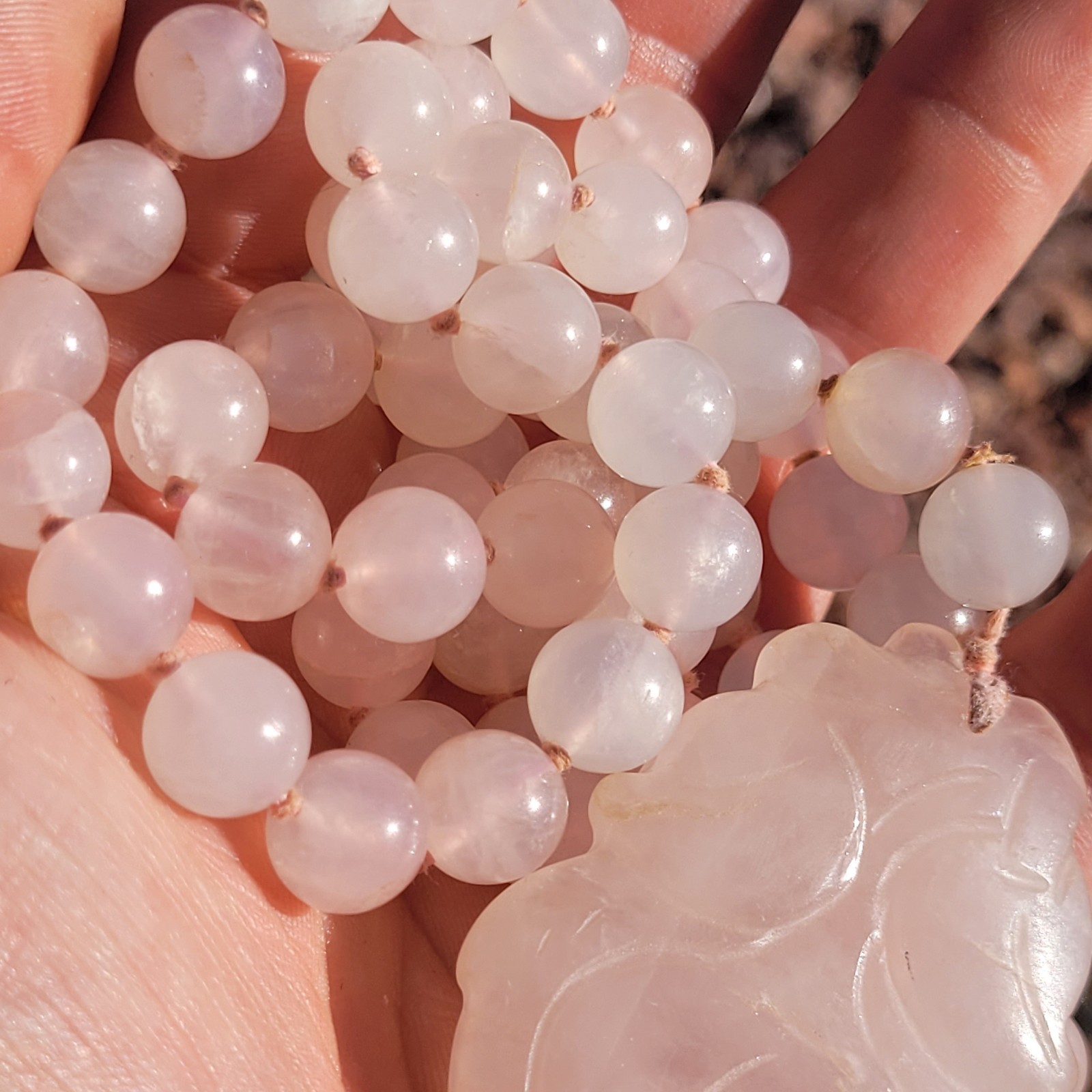 Hand-Knotted Natural Rose Quartz Bead Necklace with Carved Pendant 10mm 32″