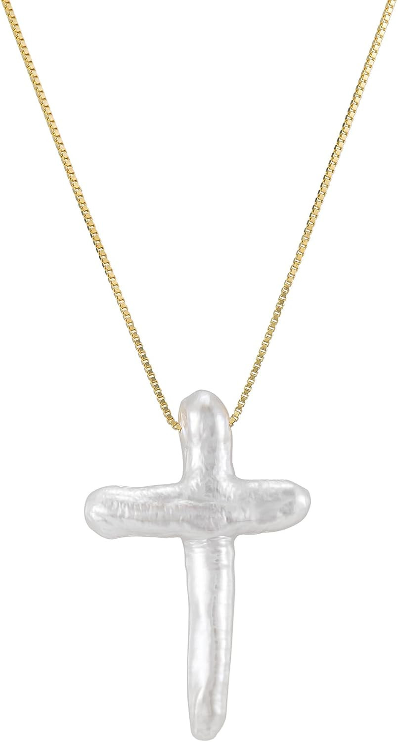 White Pearl Cross Necklace Gold Plated 316L Stainless Steel Box Chain Necklace F
