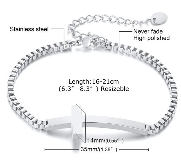 Sideways Cross Bracelet — Stainless Steel High Polish Box Chain